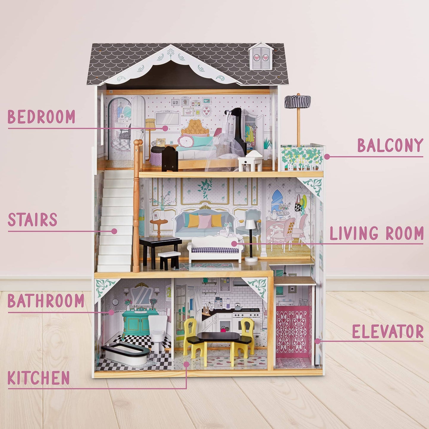 3-Story Wooden Doll House Set W/Elevator, Balcony & Stairs: Large