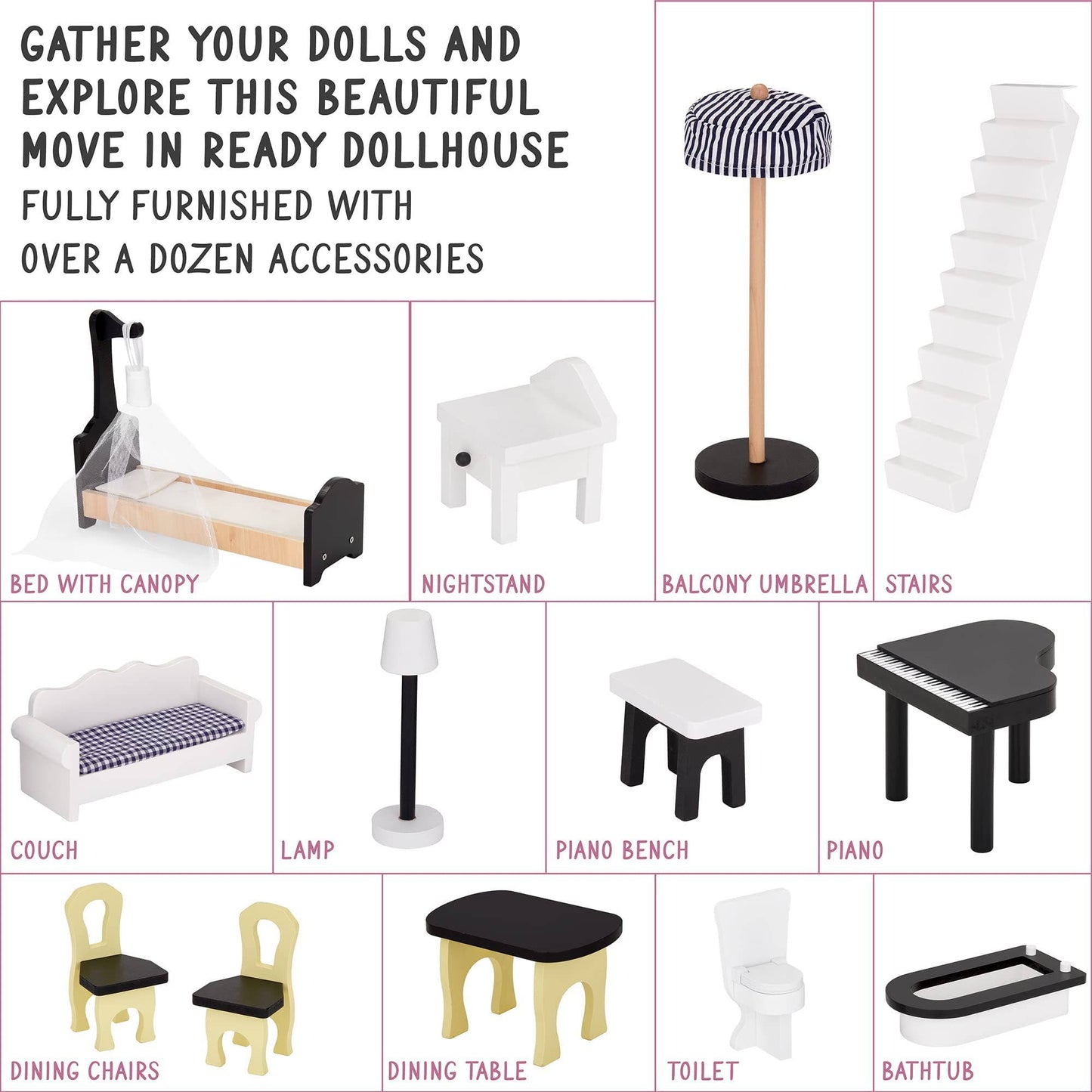 3-Story Wooden Doll House Set W/Elevator, Balcony & Stairs: Large