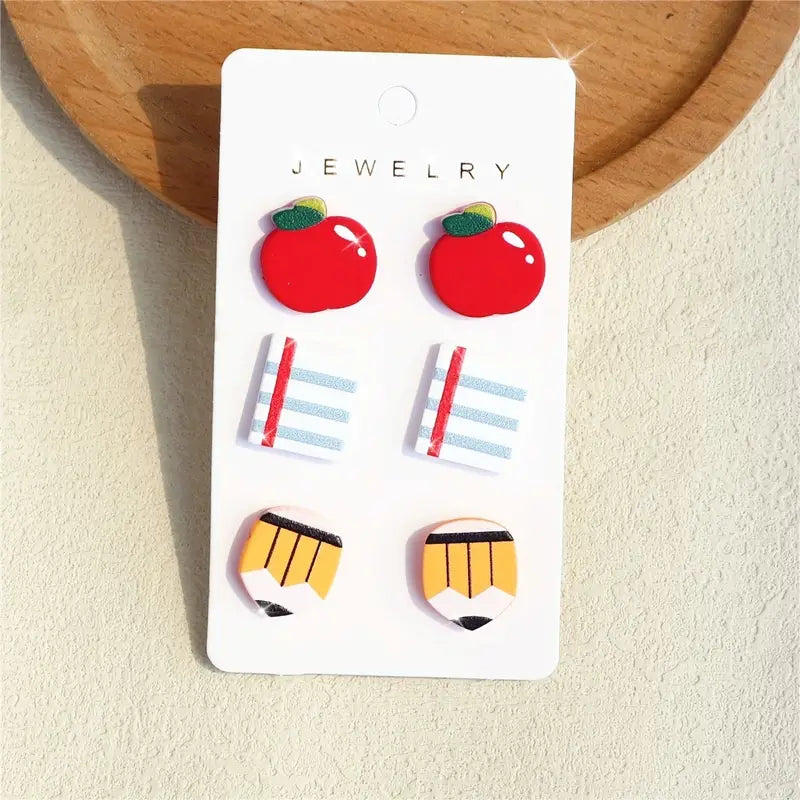 3pcs/set Adorable Clay Earring Trio - Apple, Book & Pencil Print - Fashionable Back to School Style - Ideal Teachers Day Gift for Women