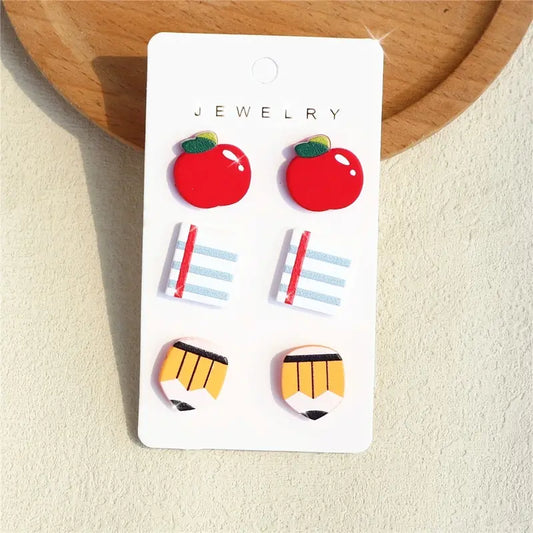 3pcs/set Adorable Clay Earring Trio - Apple, Book & Pencil Print - Fashionable Back to School Style - Ideal Teachers Day Gift for Women