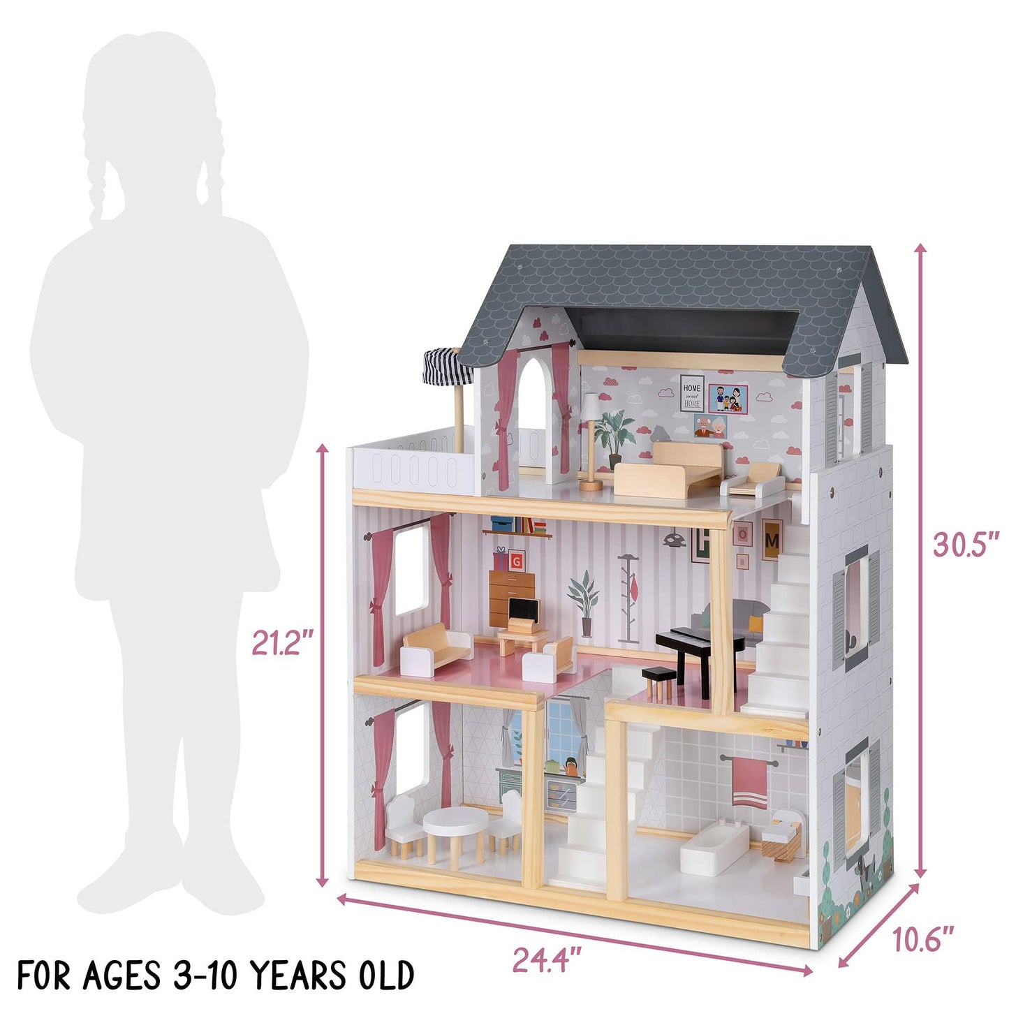 3-Story Wooden Doll House Set W/Elevator, Balcony & Stairs: Large
