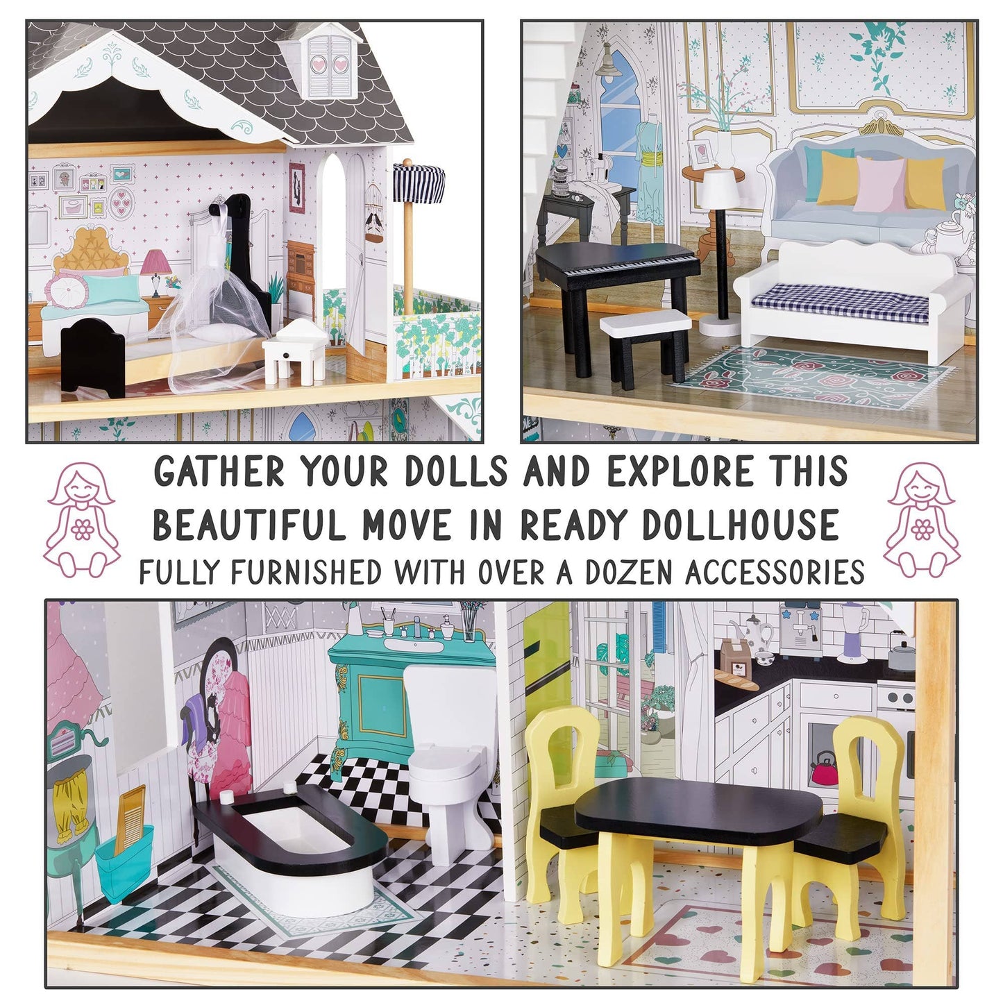 3-Story Wooden Doll House Set W/Elevator, Balcony & Stairs: Large