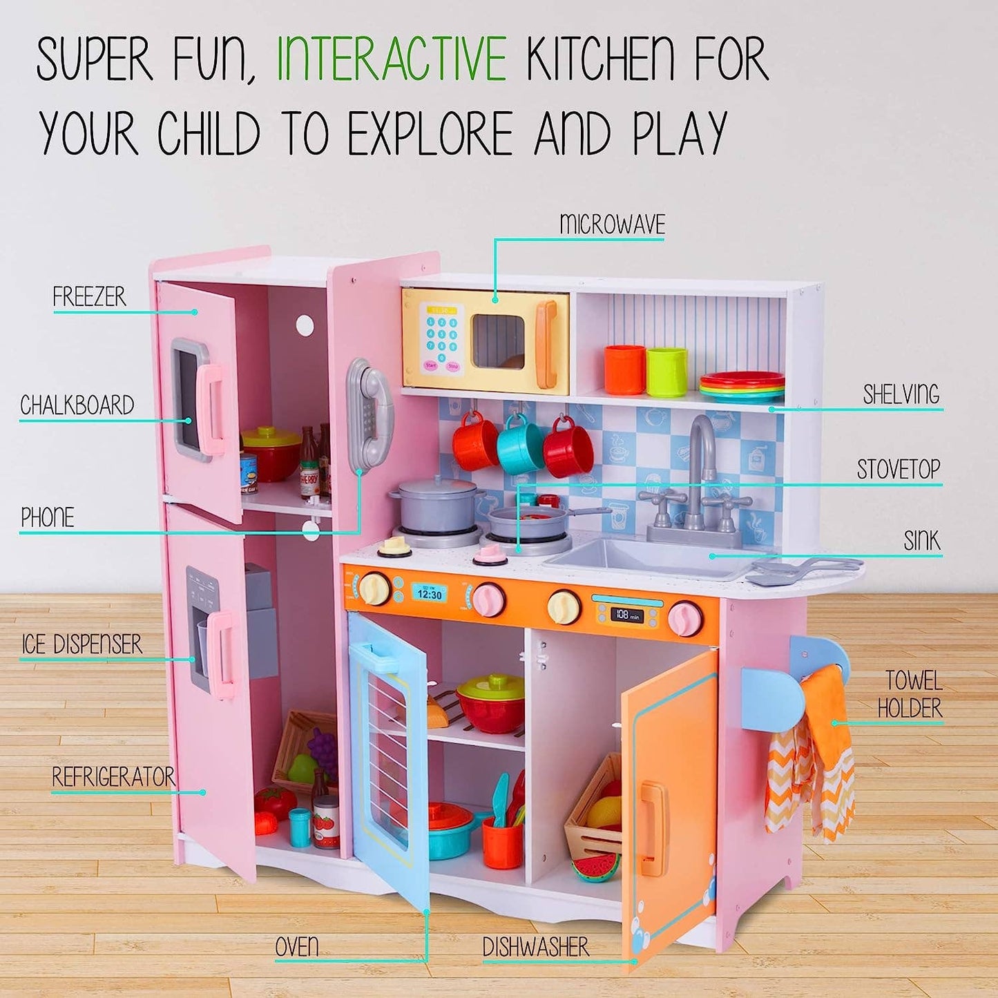 Kids Kitchen Set, Pretend Wooden Kitchen Playset: Colorful