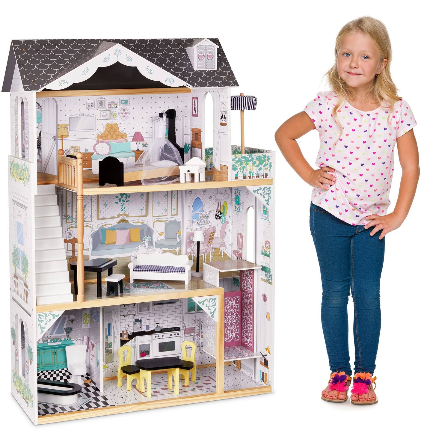3-Story Wooden Doll House Set W/Elevator, Balcony & Stairs: Large