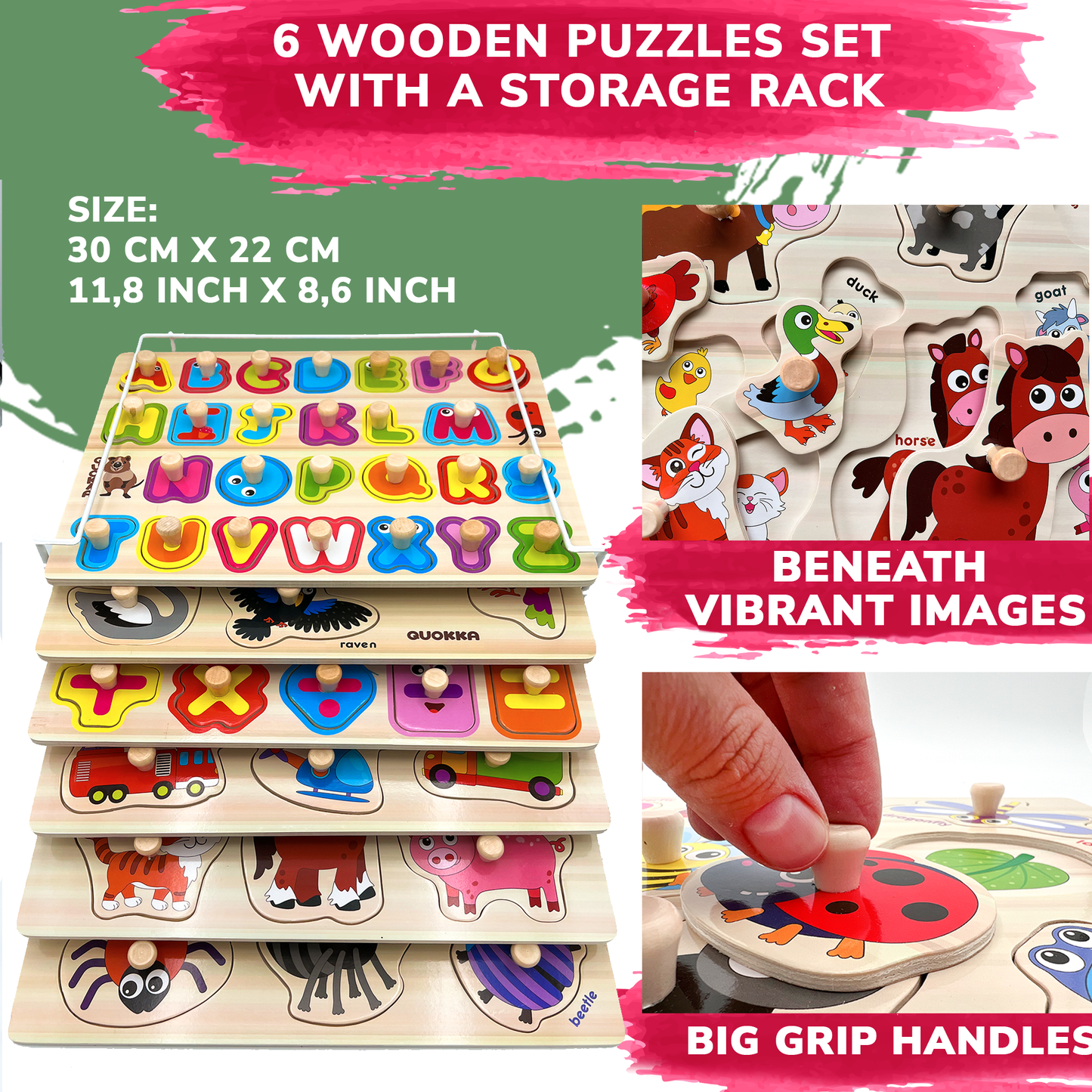 6xSET Wooden Puzzles for Toddlers |ABC, Numbers, Animals
