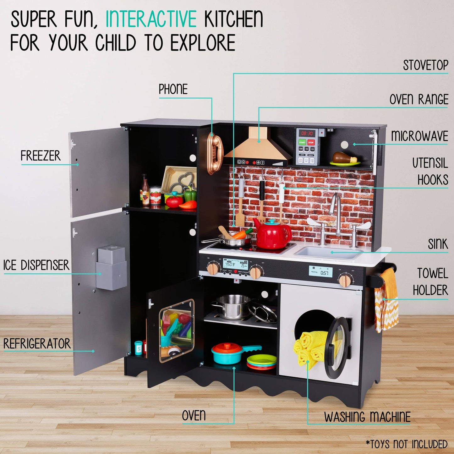 Kitchen Set for Kids, 9 Piece Play Kitchen W/Utensils, Black