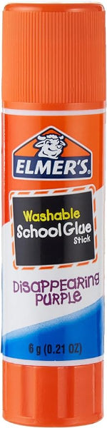 A single stick of Elmer's Disappearing Purple School Glue in a clear tube with orange cap.