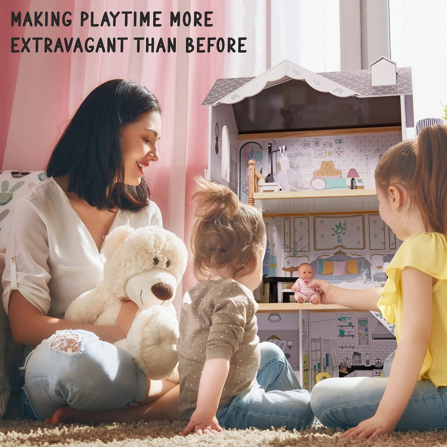 3-Story Wooden Doll House Set W/Elevator, Balcony & Stairs: Large