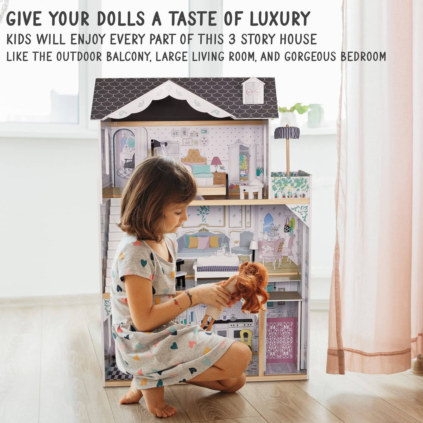 3-Story Wooden Doll House Set W/Elevator, Balcony & Stairs: Large