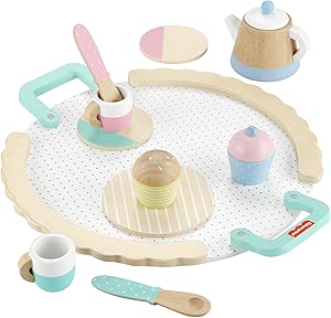 Fisher-Price Wood Pretend Play Toy Tea Set, 12-Piece Wooden Playset with Teapot