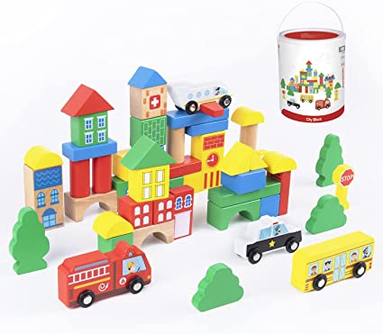 50 PCS City Building Blocks with Construction Building Sets,Wooden Building Blocks Preschool Educational Learning Toys