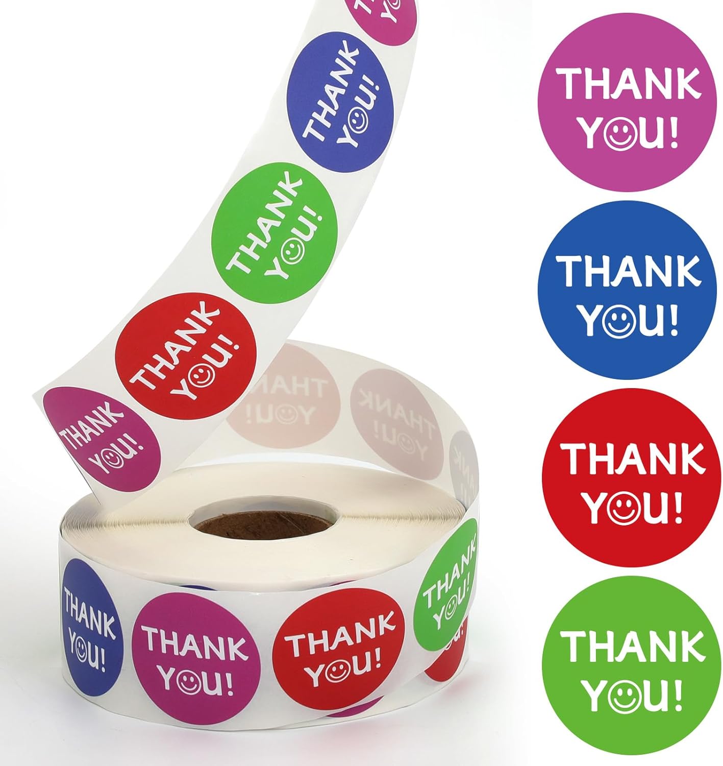 1500 Pack 1.5 Inch Round Thank You Stickers, 4 Colors (Purple Green Blue Red) Waterproof & Scratchproof Smiley Face Design, Strong Adhesive for Envelopes Gift Wrapping Small Business Packaging