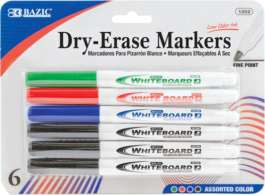 BAZIC Dry Erase Marker Assorted Color Fine Tip, Whiteboard Pen Marcador, Low Odor Markers White Board Pens for Office School Supplies (6/Pack), 12-Packs