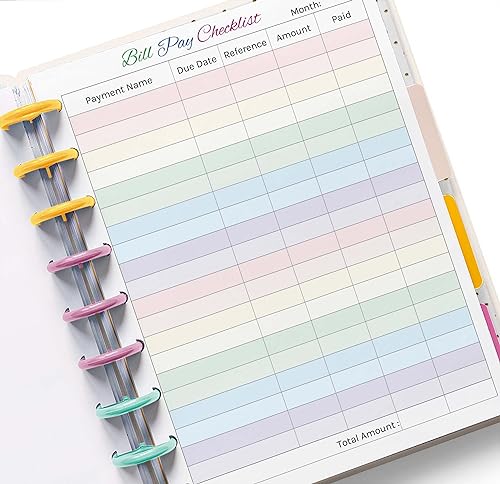 Colorful Monthly Budget Forms Bill Pay Checklist for Medium Size 9 Disc Planners, Fits 9-Disc Notebooks, 7"x9.25"
