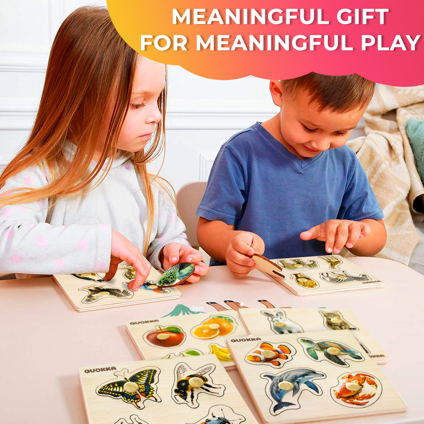 4xSET Wooden Pegged Puzzles for Toddlers | Animals