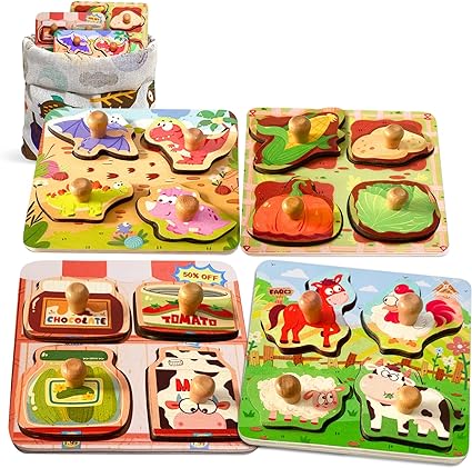 Wooden Puzzles for Toddlers, 4 Pcs Peg Puzzles for Kids 2-4