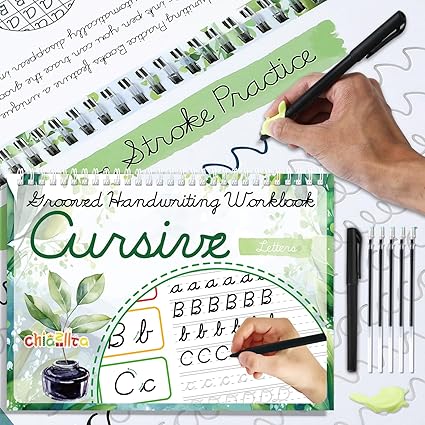 Grooved Cursive Handwriting Workbook with Disappearing Ink Pens Magic Reusable