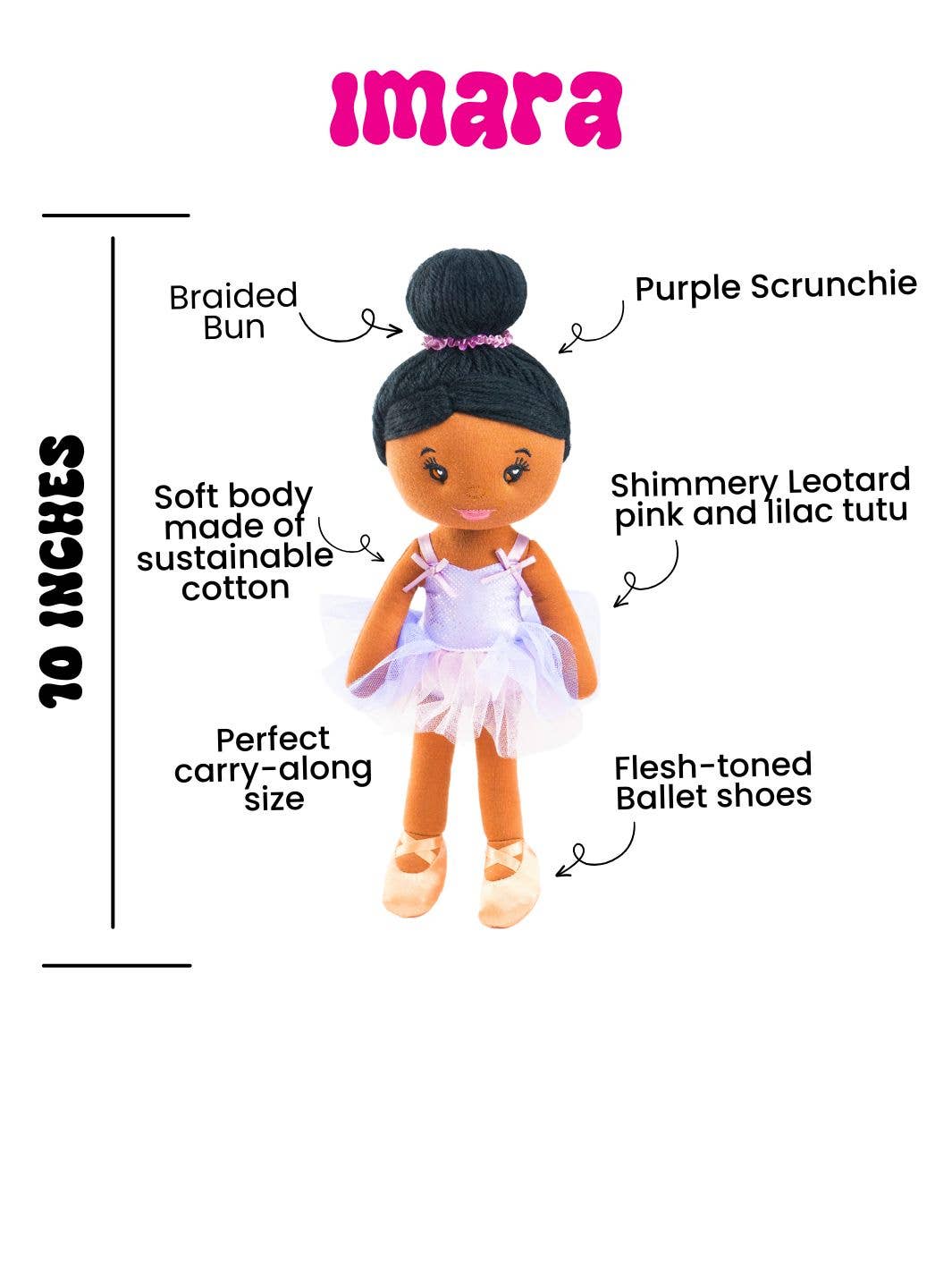 Doll with features labeled on a white background, including 'imara' branding.
