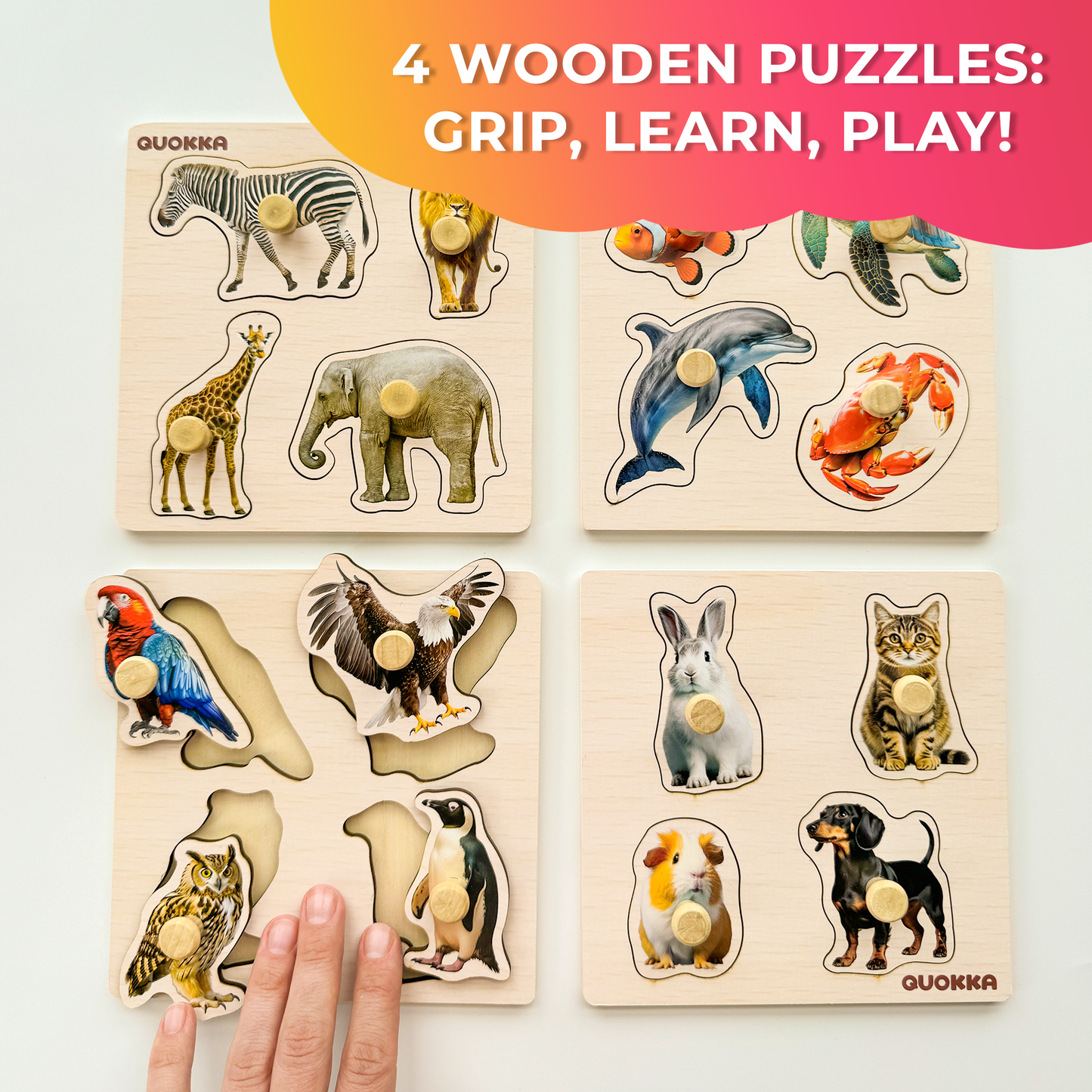 4xSET Wooden Pegged Puzzles for Toddlers | Animals