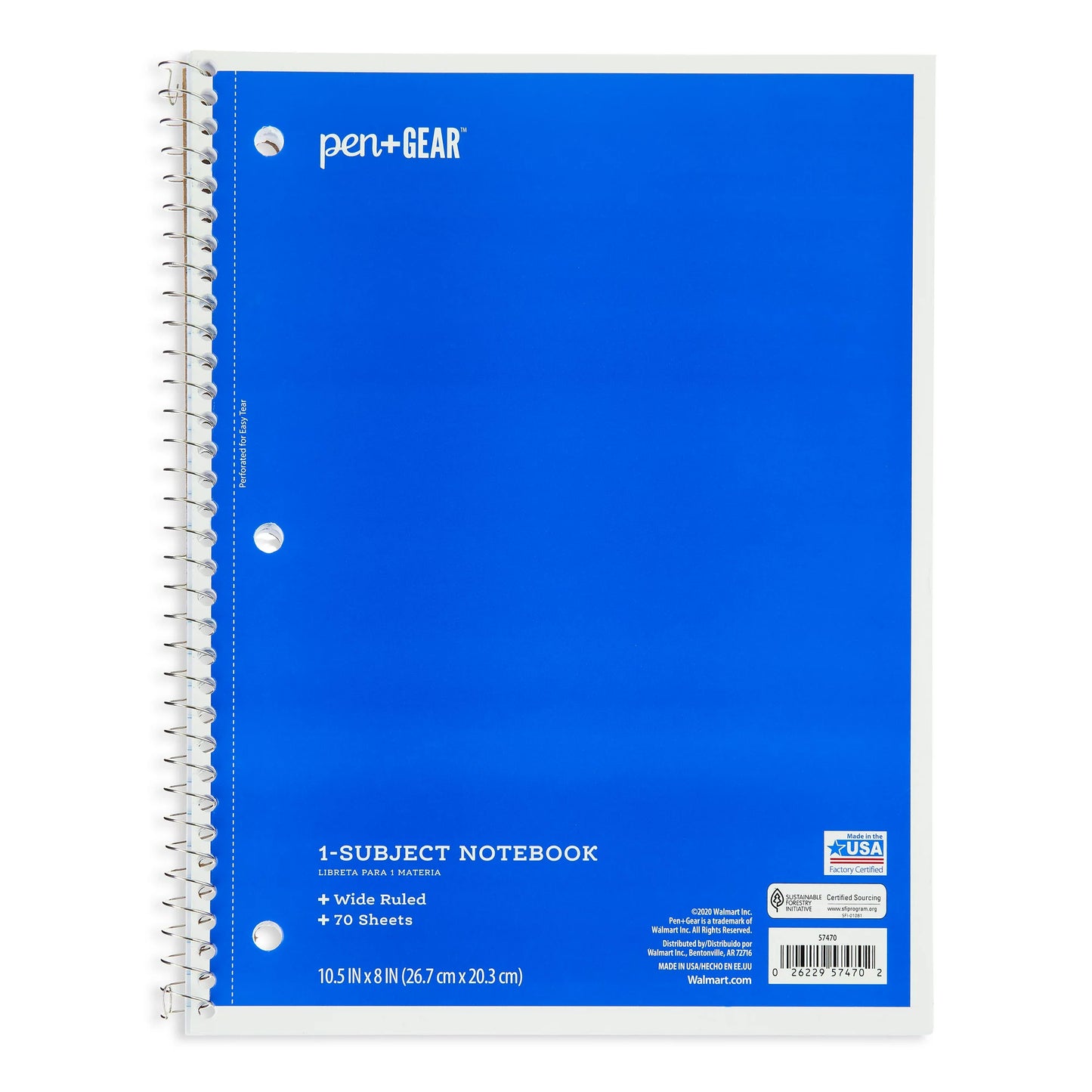 Pen+Gear 1-Subject Notebook, Wide Ruled, Blue, 70 Sheets
