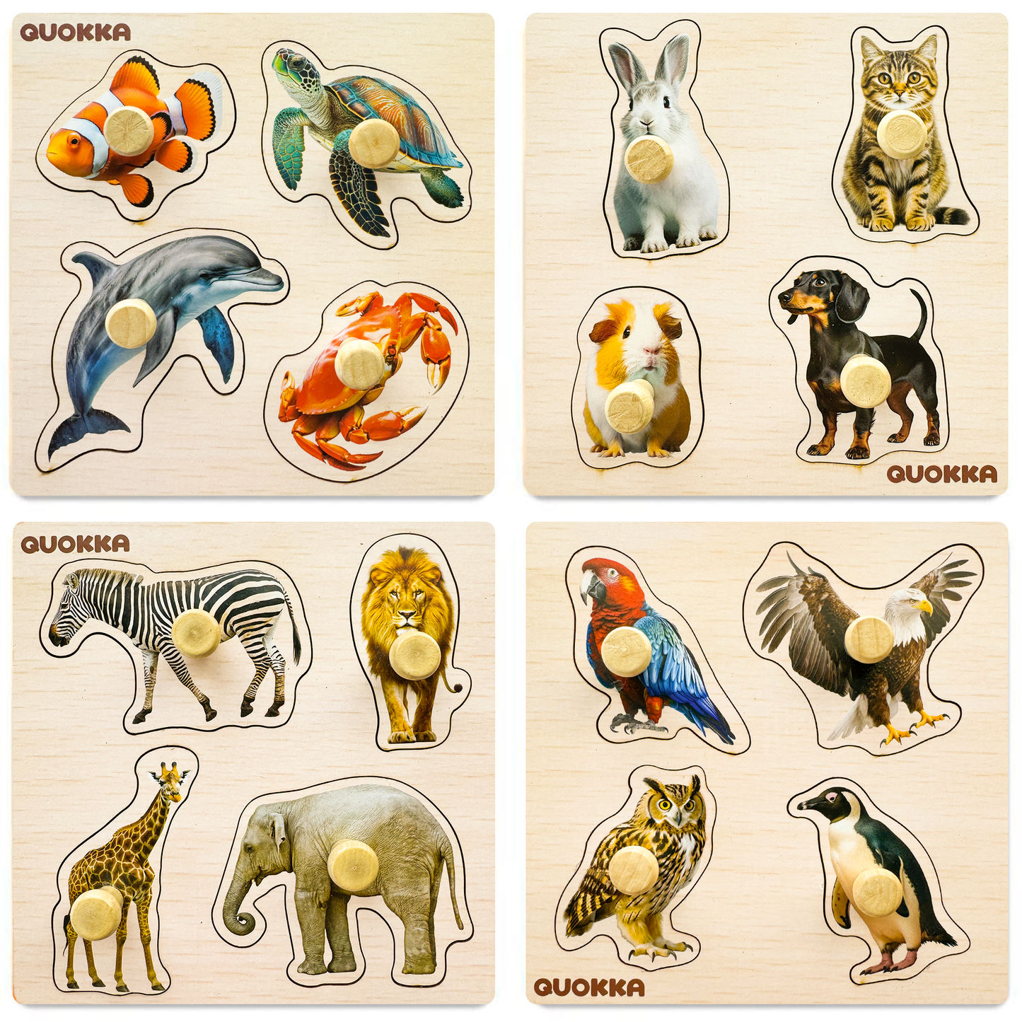 4xSET Wooden Pegged Puzzles for Toddlers | Animals