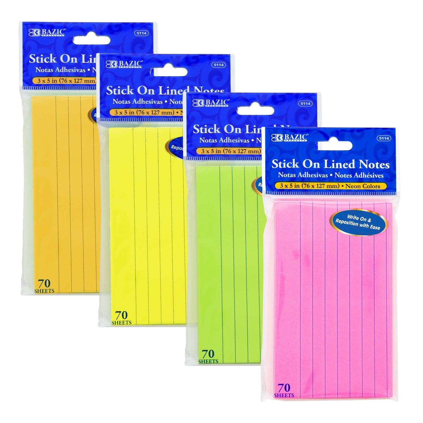 Lined Stick On Notes Neon 3" X 5" 70 Ct.: 24