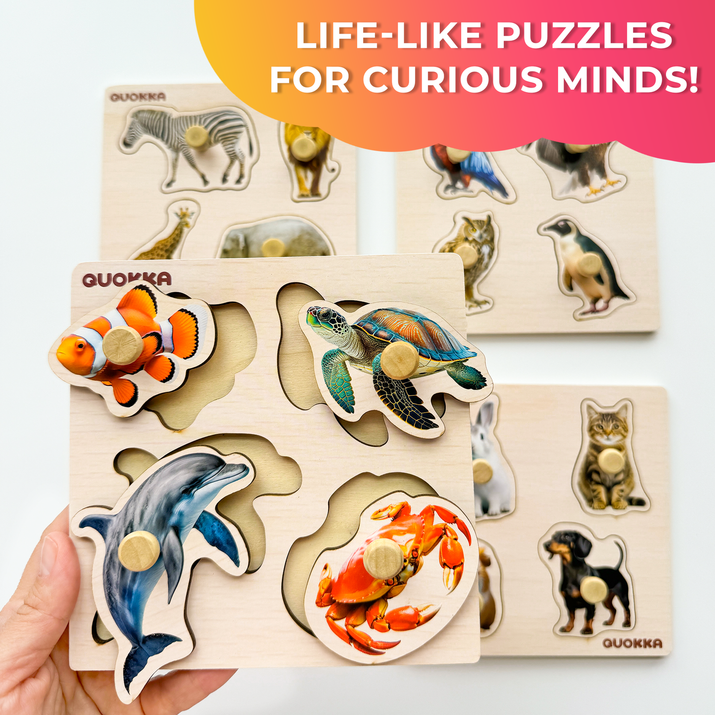 4xSET Wooden Pegged Puzzles for Toddlers | Animals