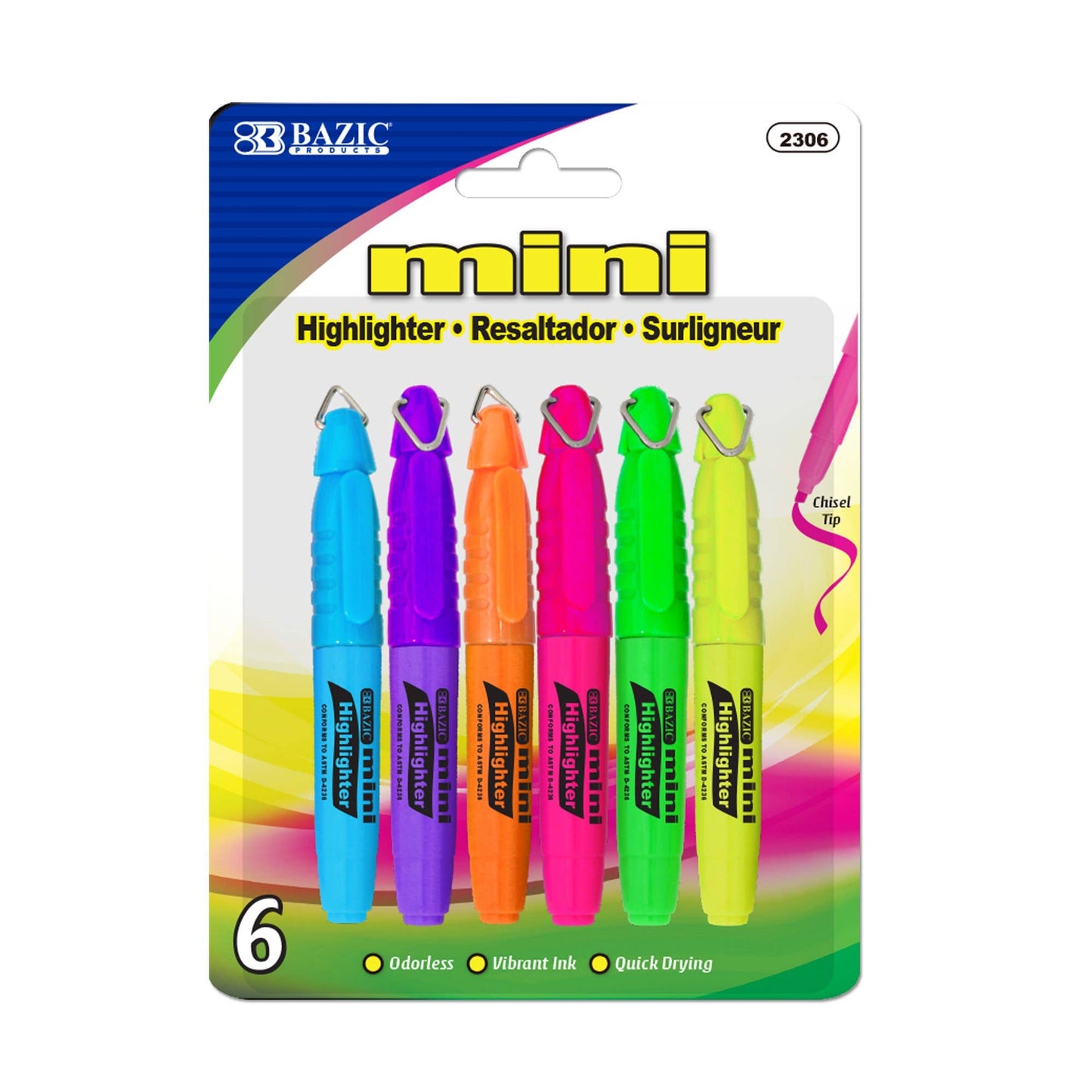 Mini Fluorescent Highlighter with Cap Clip: 6/pack