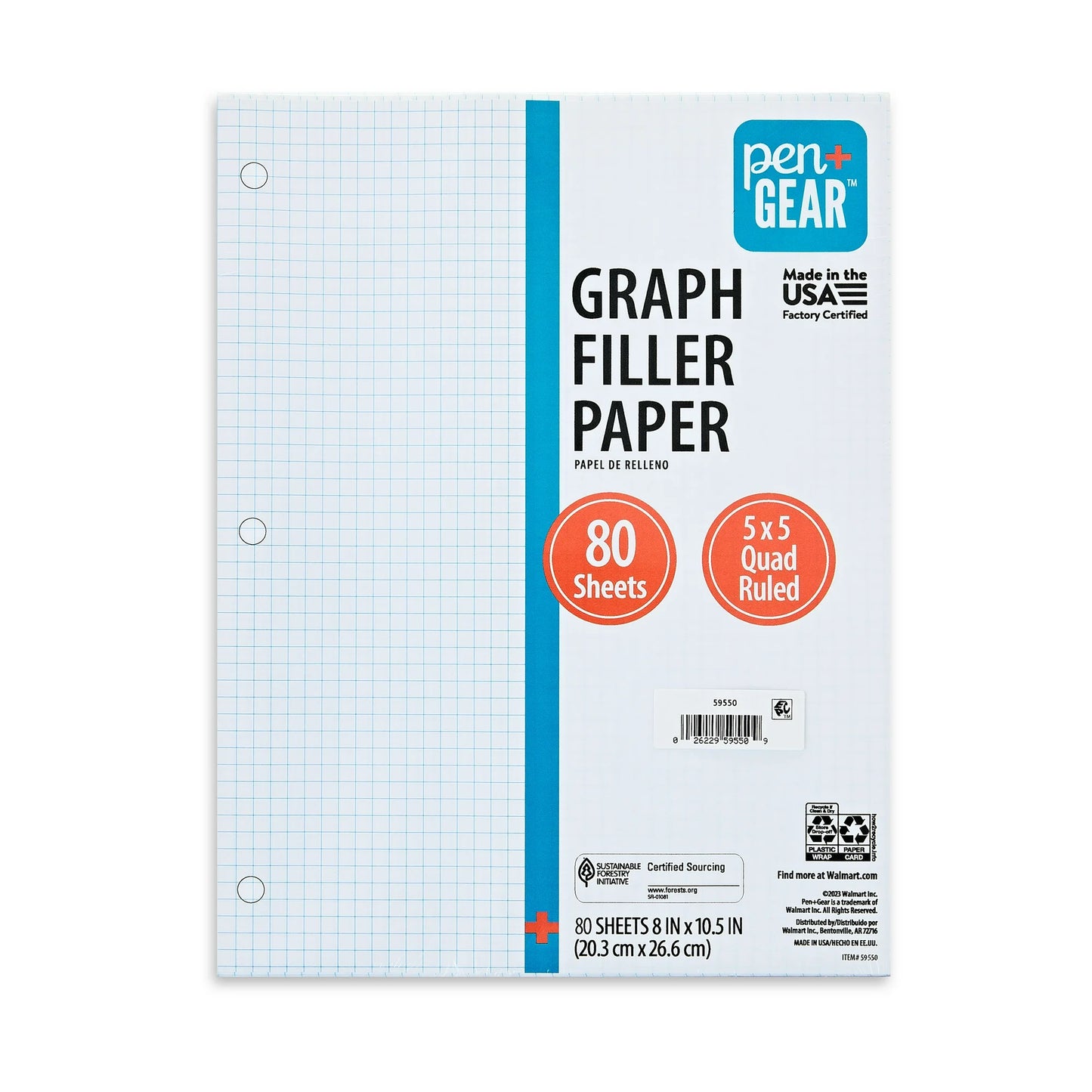Pen+Gear Quad Filler Paper, Graph Ruled 5x5, 80 Sheets, 8" x 10.5