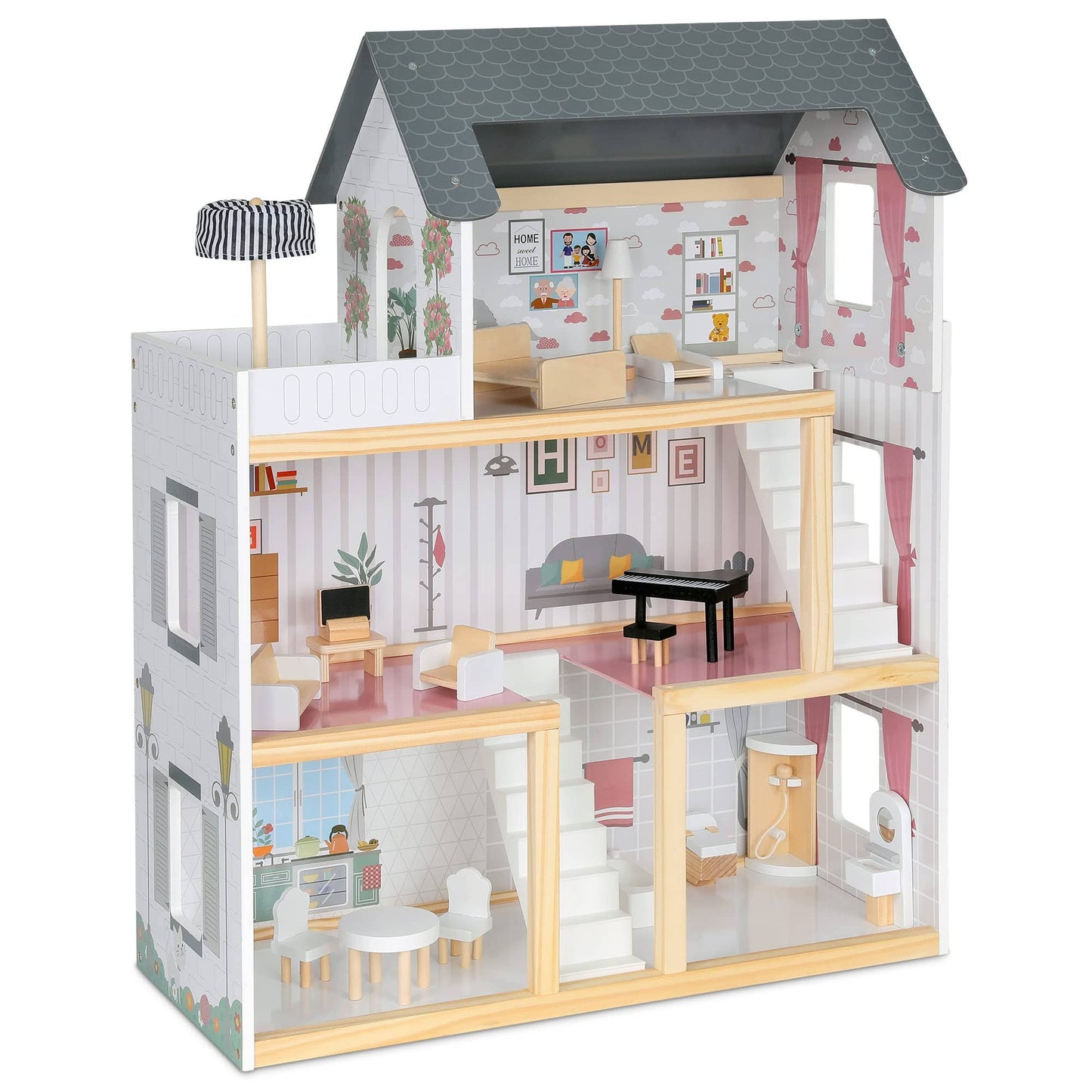 3-Story Wooden Doll House Set W/Elevator, Balcony & Stairs: Large