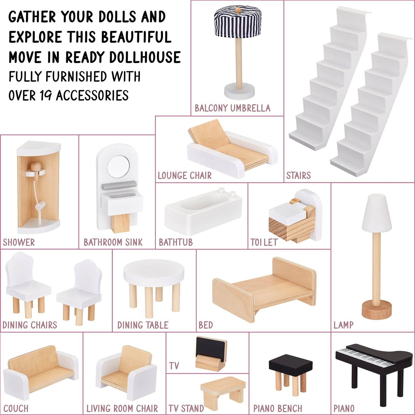 3-Story Wooden Doll House Set W/Elevator, Balcony & Stairs: Large