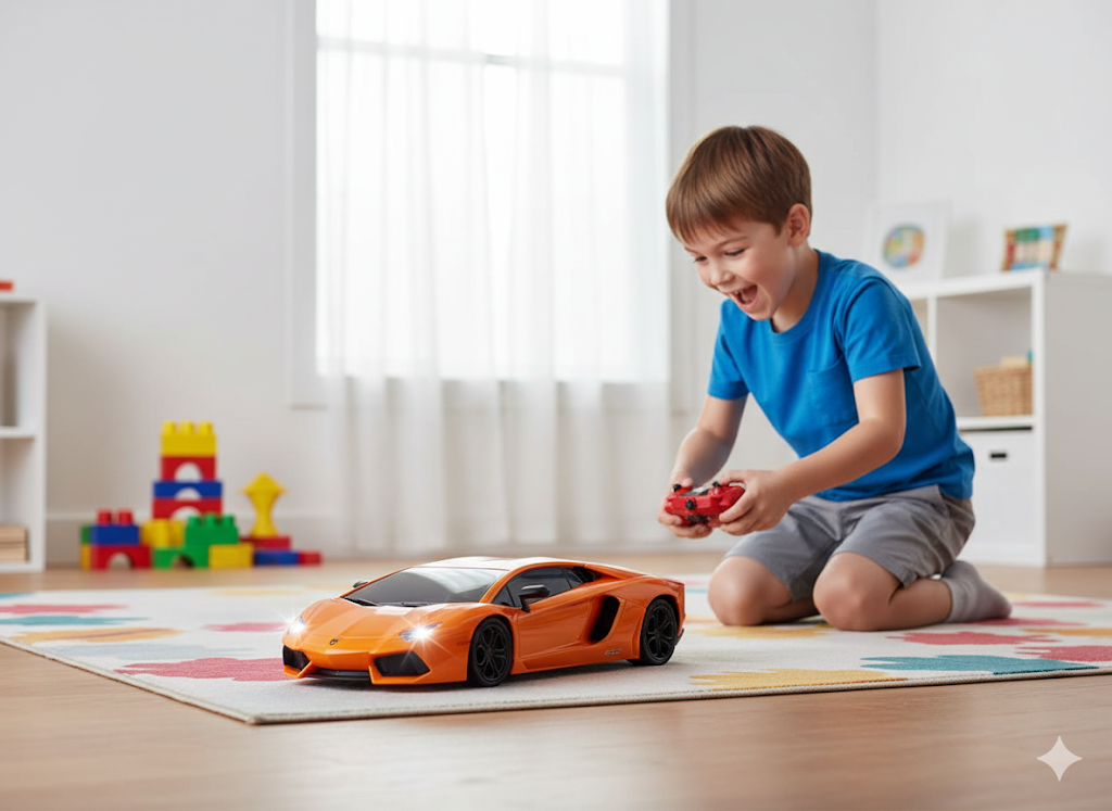 Child playing with toy cars on a colorful mat in a bright room