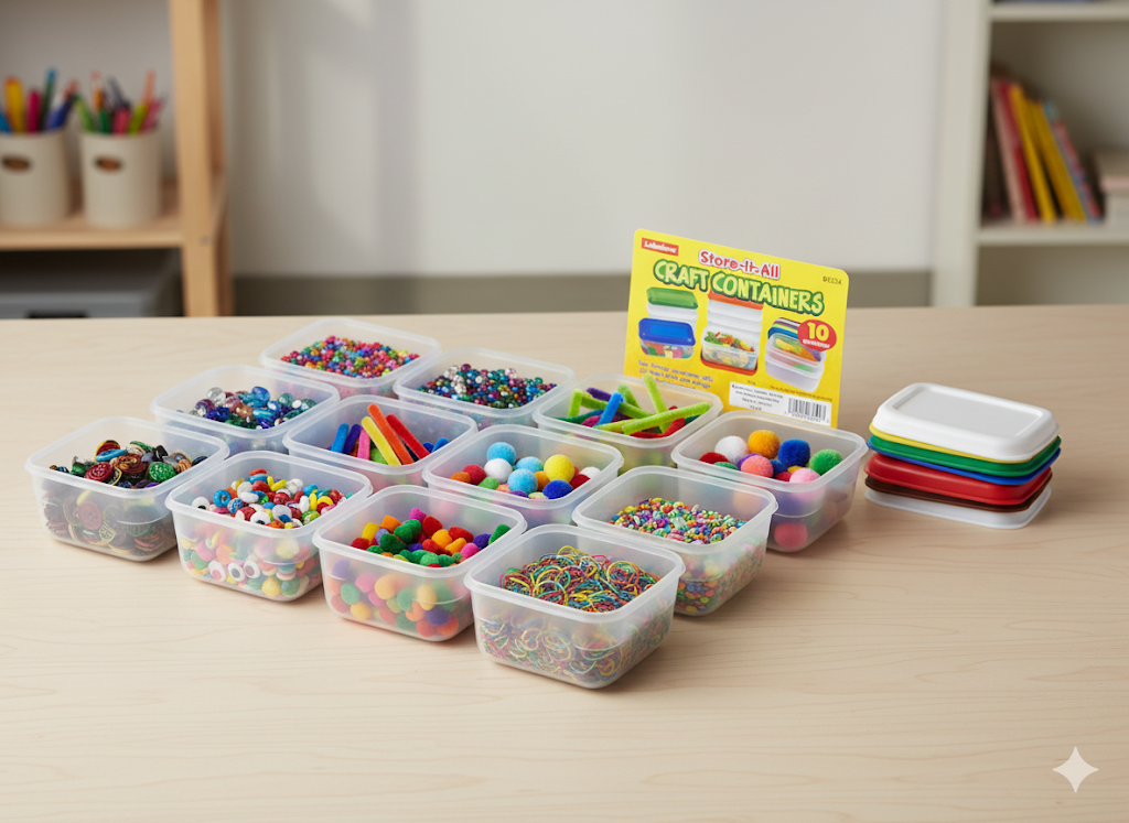 Set of colorful craft containers with their packaging on a table.