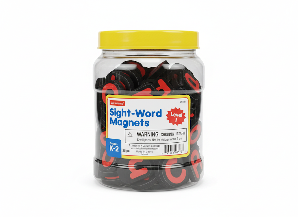 Jar of sight-word magnets with a yellow lid on a white background