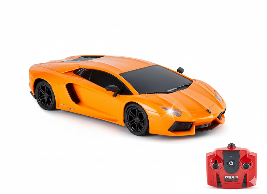 Orange toy car and remote control on a white background