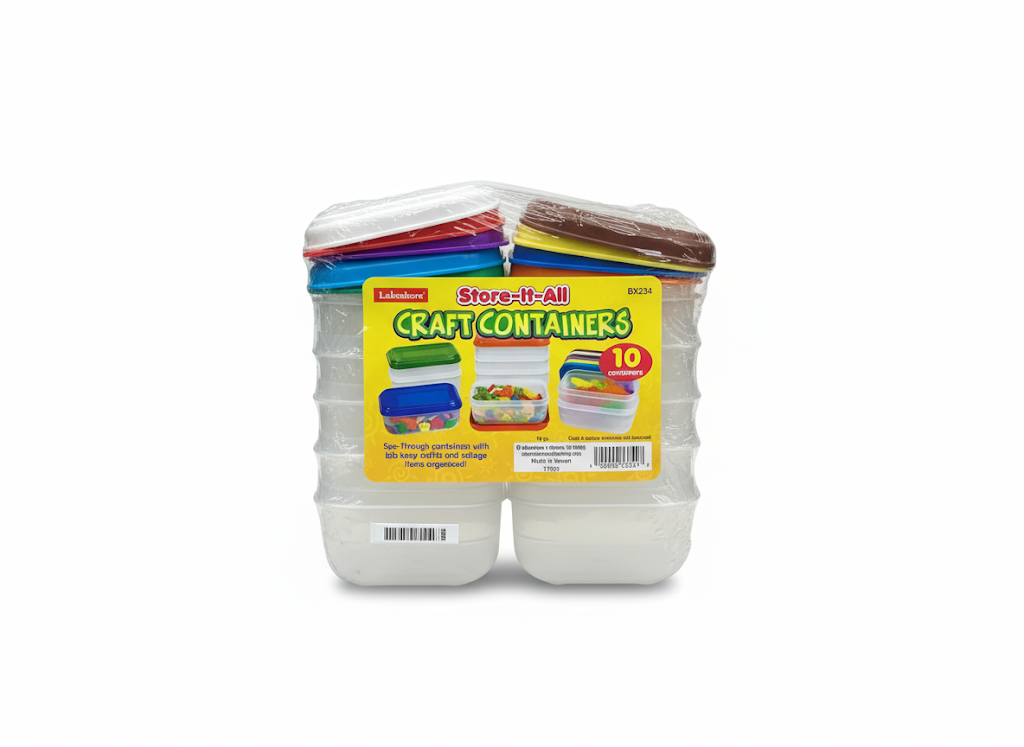 Pack of 'Store-It-All' craft containers with colorful lids on a white background