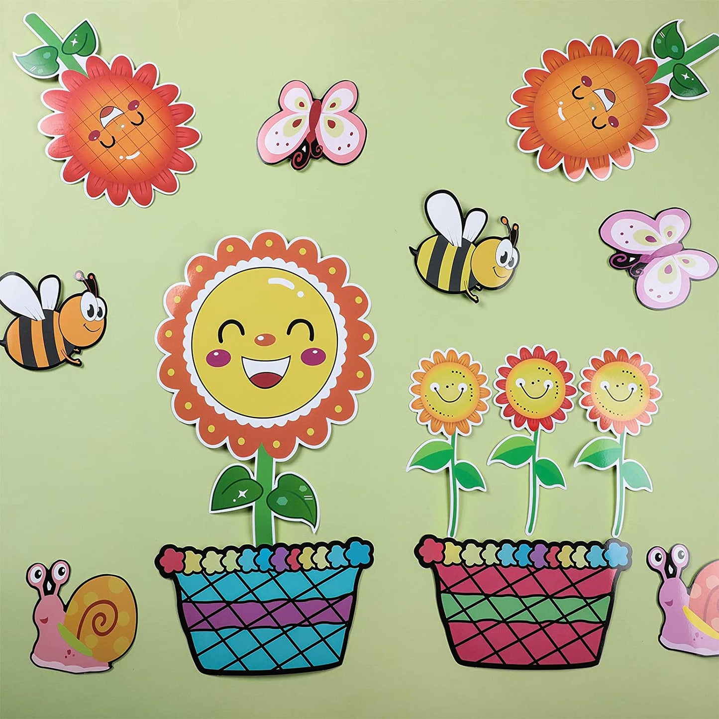 22 Pcs Summer Flowers Bee Bulletin Board Decoration Cutouts Set Springtime Blooms Colorful Butterfly Bee Snail Flower Pots Sunflower Cutouts with Glue Point Dots for Classroom Chalkboard Wall Decor