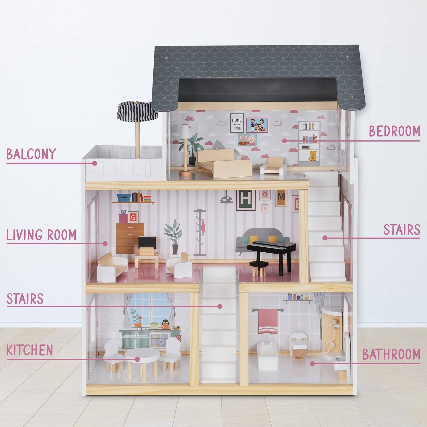 3-Story Wooden Doll House Set W/Elevator, Balcony & Stairs: Large