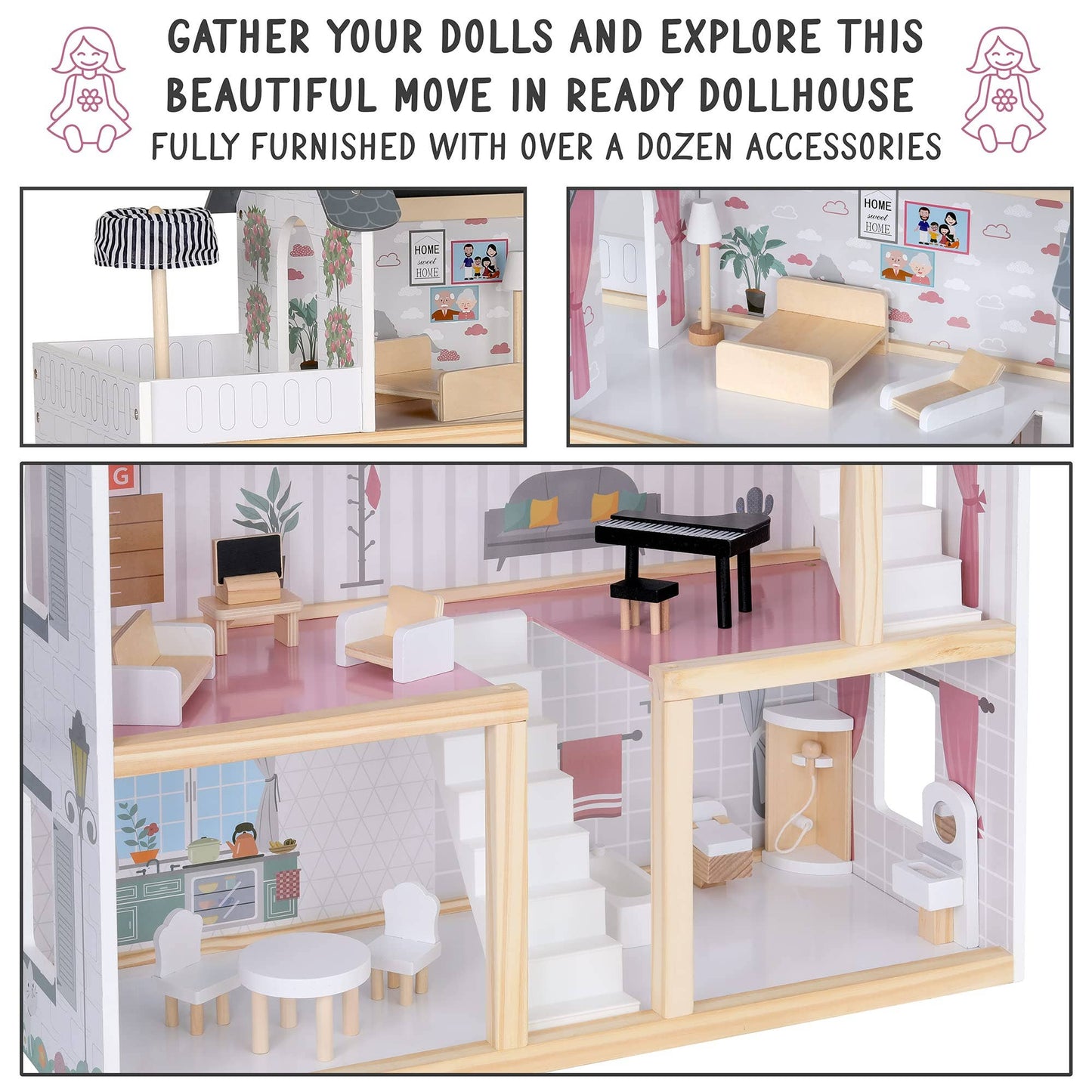 3-Story Wooden Doll House Set W/Elevator, Balcony & Stairs: Large