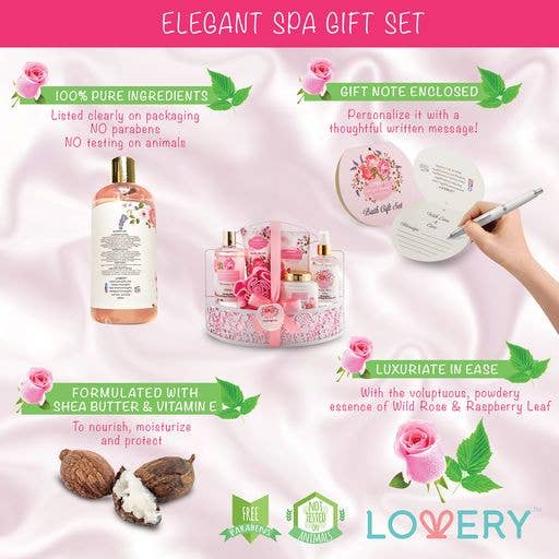 Elegant spa gift set with products and packaging on a pink background, featuring LOVERY branding.
