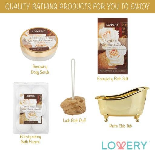 Collection of Lovery bath products including body scrub, bath salt, bath fizzies, bath puff, and retro chic tub on a white background.
