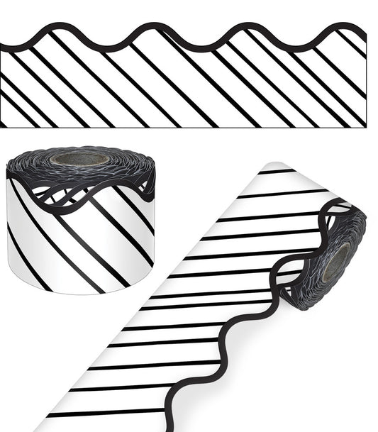 65' Black & White Stripes Rolled Scalloped Bulletin Board Borders