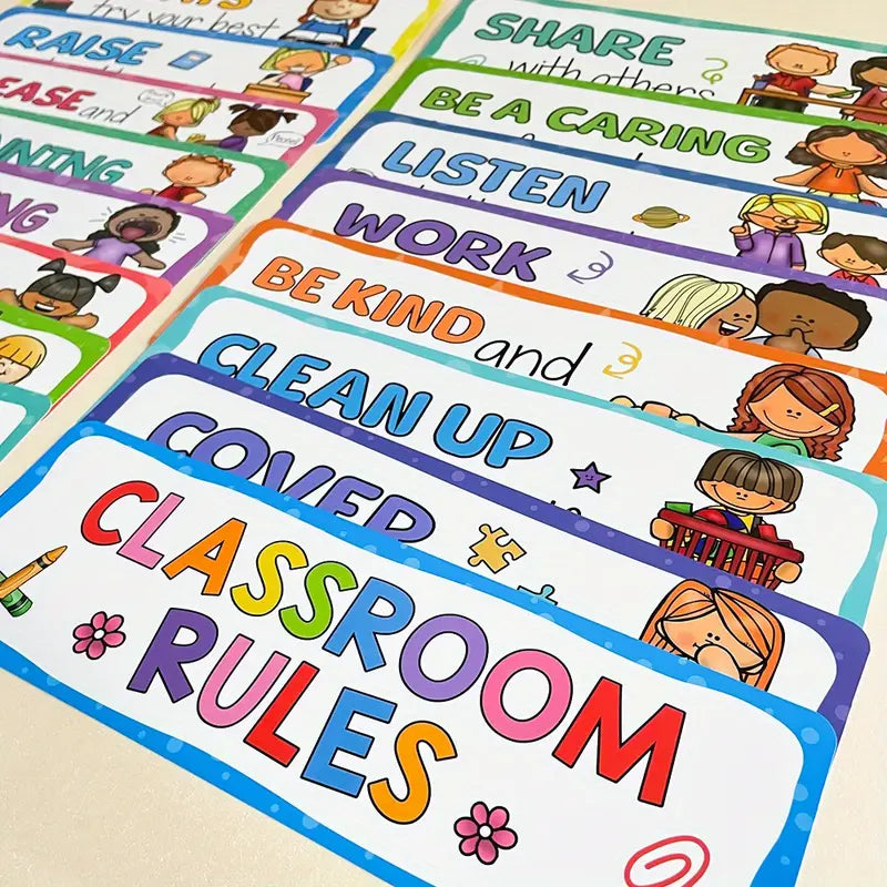 16-Piece Classroom Rules Poster Set - Good Habits Chart & Bulletin Board Decor