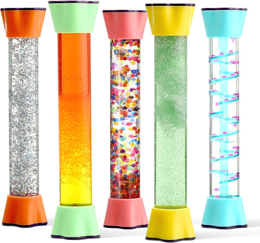 Liquid Motion Bubbler Toy Cool Tubes 5-Pack Colorful Hourglass Timer with Droplet Movement, Bedroom, Sensory Play, Cool Home or School