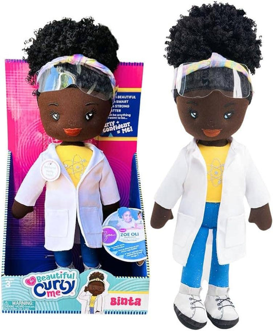 Toy doll with curly hair wearing a lab coat and protective visor, next to its packaging.