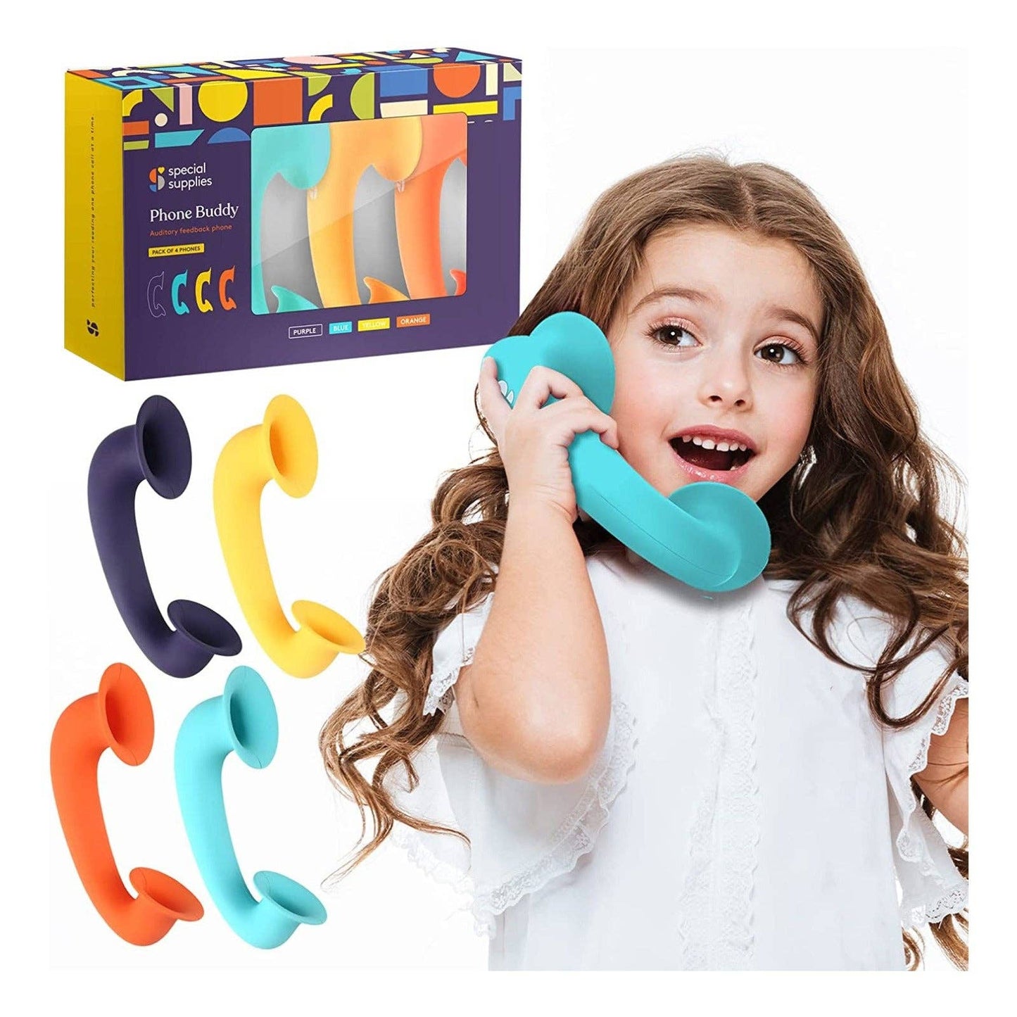 Child playing with colorful phone handles and packaging on a white background
