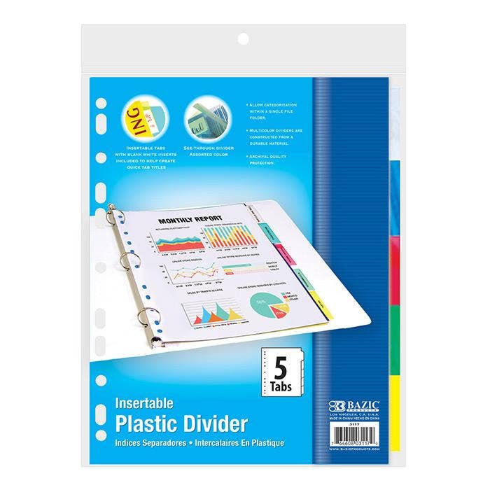 3 Ring Binder Dividers With Insertable Color Tabs: 5-insertable color tabs