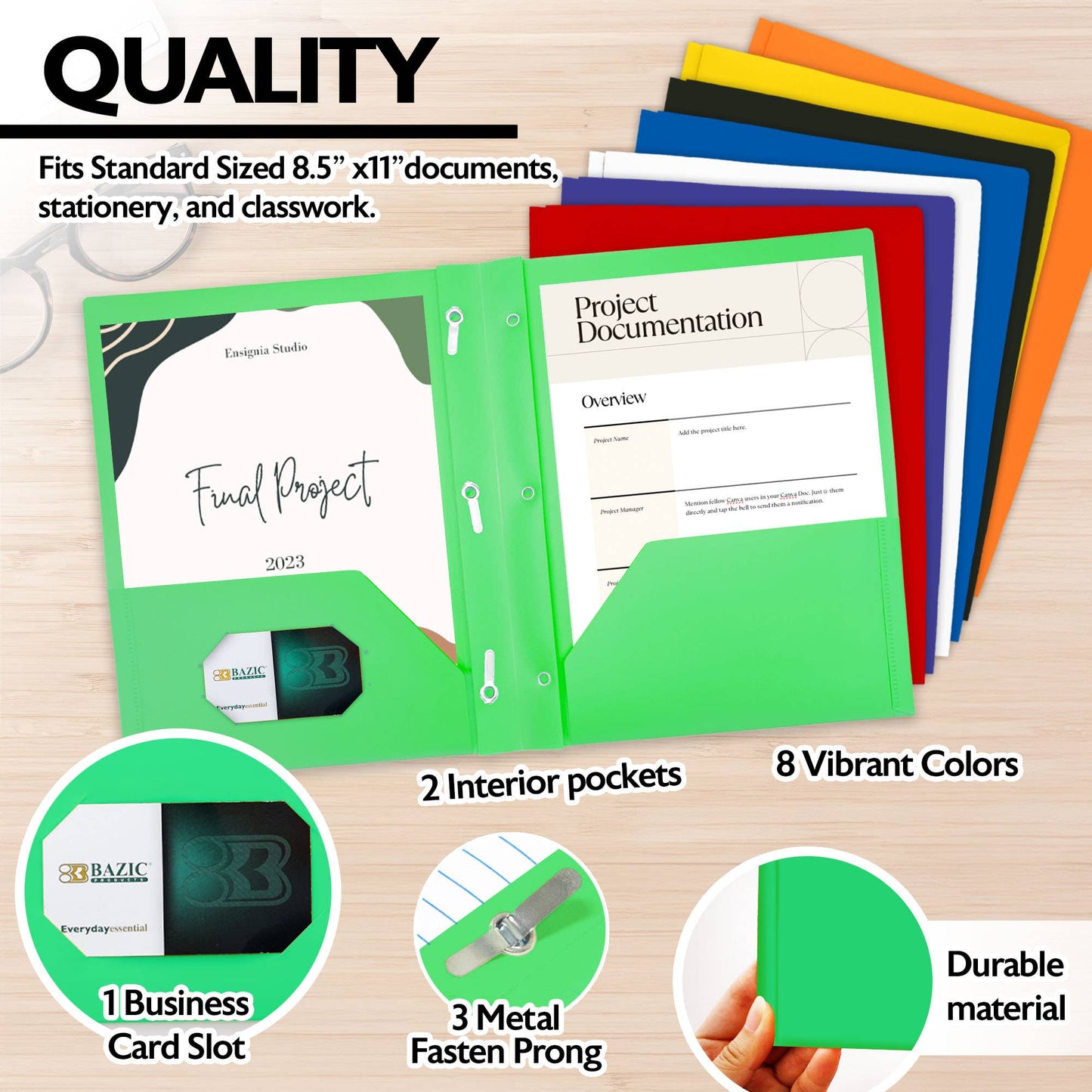 Solid Color 2-Pocket Poly Portfolio w/ 3 Prongs: 48