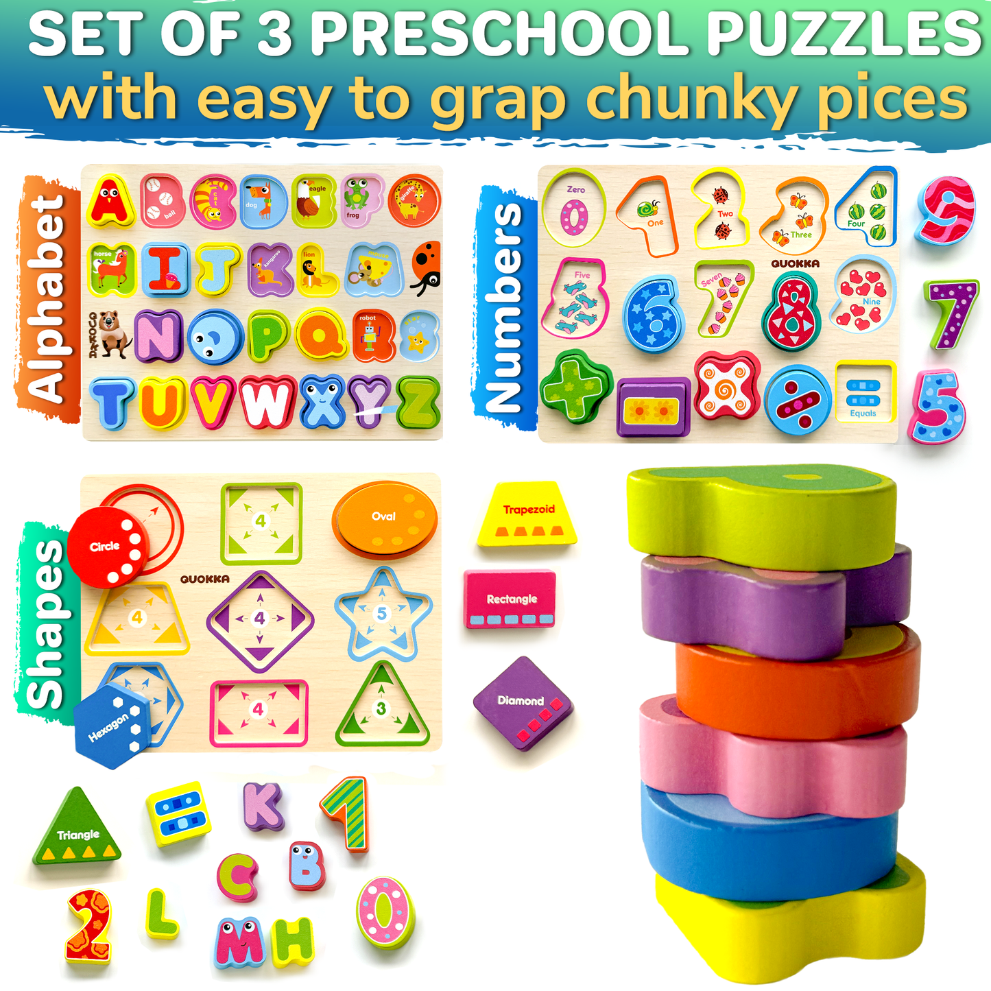 Montessori Chunky Wooden Puzzles | 3xSET