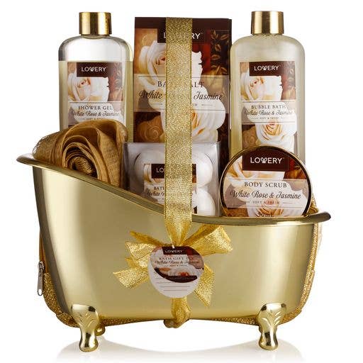 Bath caddy with Lowery brand products including shower gel, body scrub, and bath bombs.